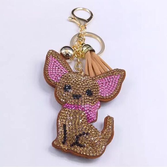 CHIHUAHUA ADORABLE KEYCHAIN CHARM RHINESTONES GOLD TONE HARDWARE - Picture 5 of 6